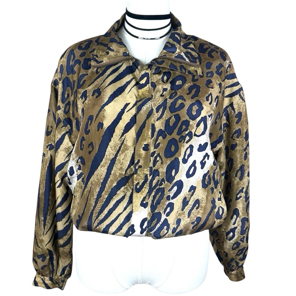 Vintage Silk Animal Print Bomber Jacket Leopard Zebra Gold Womens S